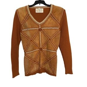 Sweater‎ Bee by Banff Vintage Leather Patchwork Knit Sweater Brown Women Medium